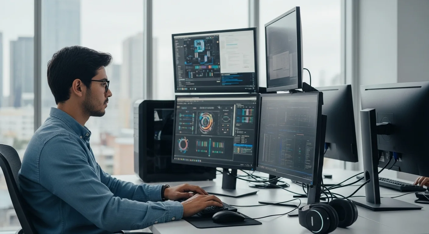 Desarrollador trabajando en múltiples computadoras potentes en una oficina de una empresa fintech.