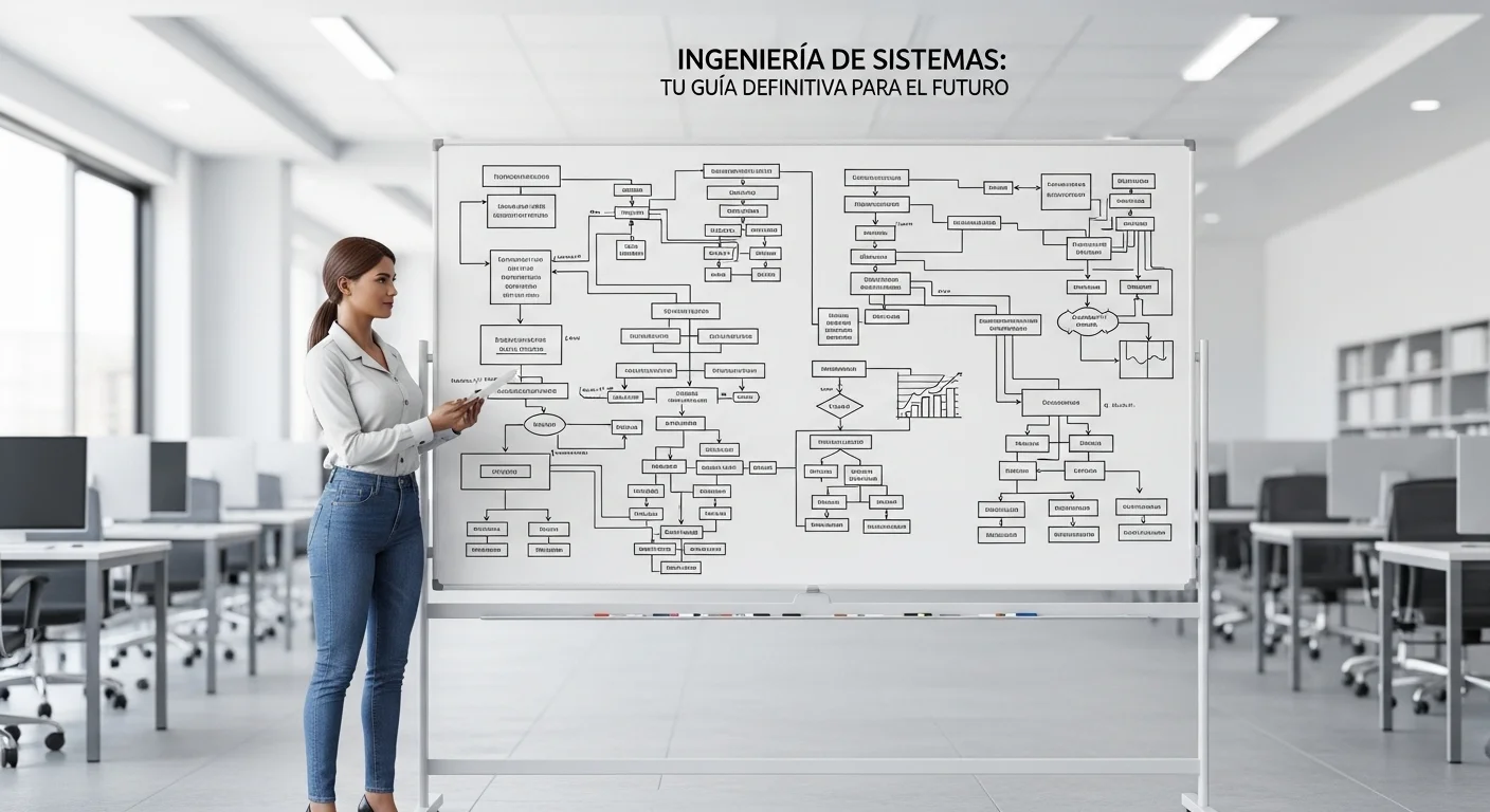 Un complejo diagrama de flujo en una pizarra blanca, simbolizando las materias de ingeniería en sistemas computacionales y el pensamiento sistémico.