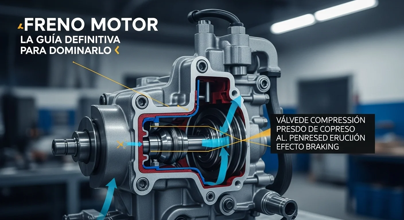 Diagrama técnico que ilustra el principio de funcionamiento de un freno de motor por compresión, mostrando la apertura de la válvula de escape.