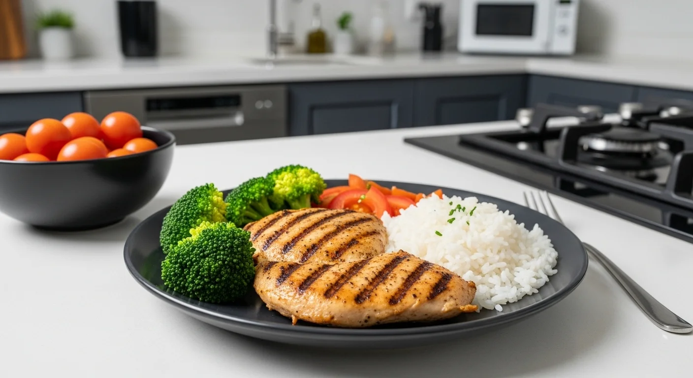 Plato de comida saludable con pollo a la plancha, brócoli y arroz, representando los principios de una dieta para aumentar masa muscular.