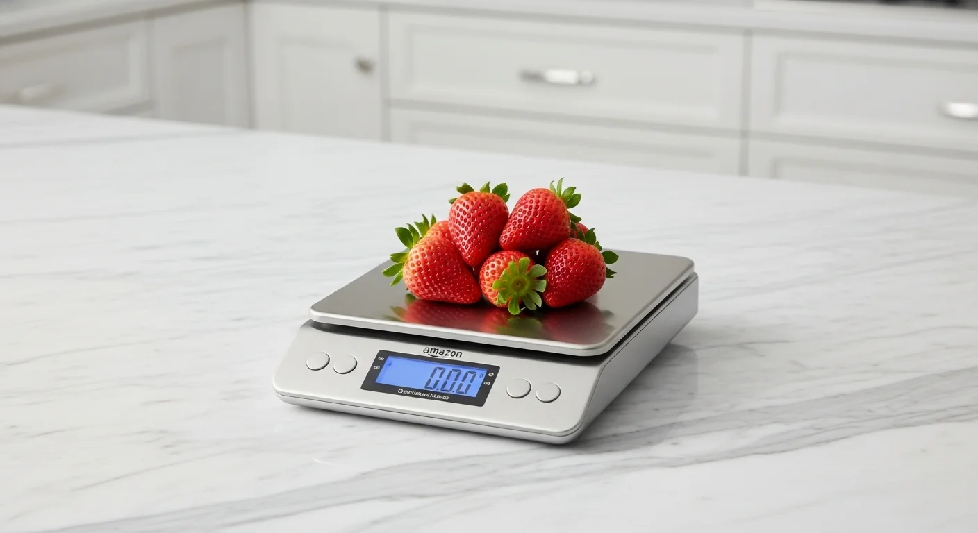 Una moderna bascula digital amazon de acero inoxidable sobre una encimera de cocina de mármol, pesando fresas frescas.