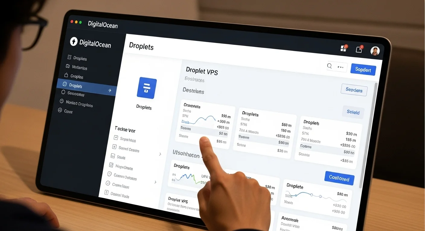 El panel de control de DigitalOcean mostrando la gestión de Droplets (Vps), destacando la facilidad de uso de un digitalocean vps.