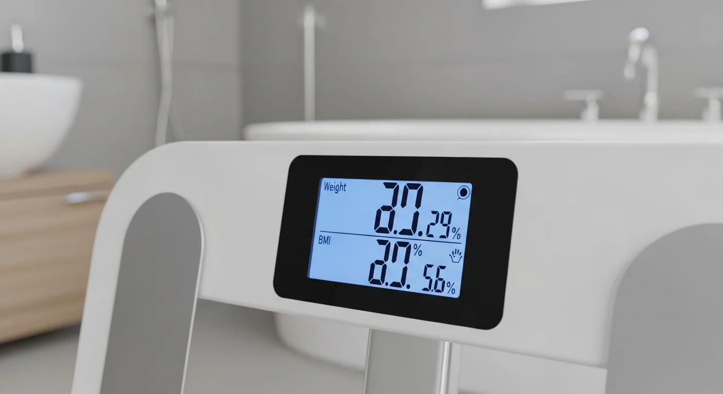 Primer plano de la pantalla LCD retroiluminada de una bascula de baño digital mostrando el peso, el IMC y el porcentaje de grasa corporal.