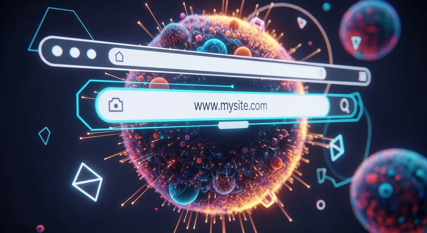 Ilustración conceptual de un dominio web, mostrando una barra de navegador con una dirección URL en primer plano y un mundo digital abstracto de fondo.