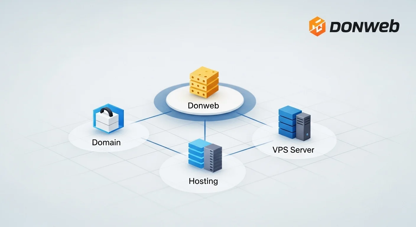 Ilustración del ecosistema de servicios de Donweb, mostrando iconos de dominios, hosting y servidores VPS interconectados.