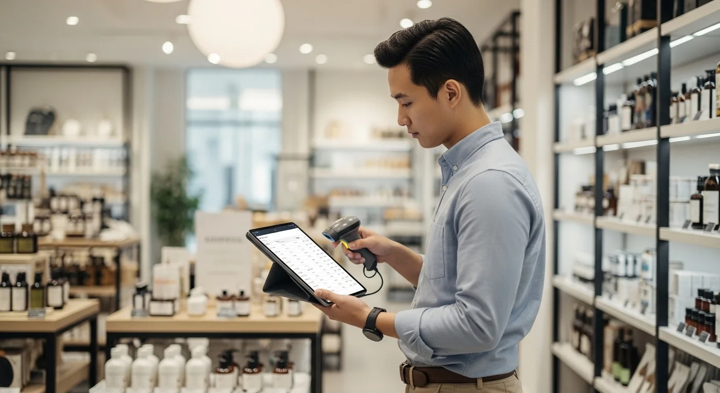 El dueño de una pequeña empresa utiliza una app de tpv comercio gratis en su tablet para escanear productos y gestionar su inventario.