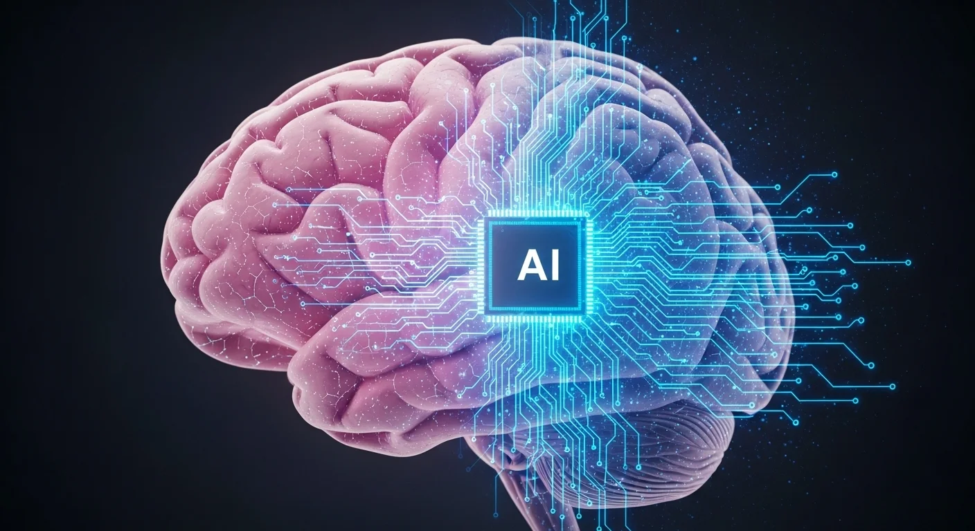 Una imagen conceptual que muestra la fusión de un cerebro humano con circuitos digitales, representando el concepto de E Inteligencia Artificial.