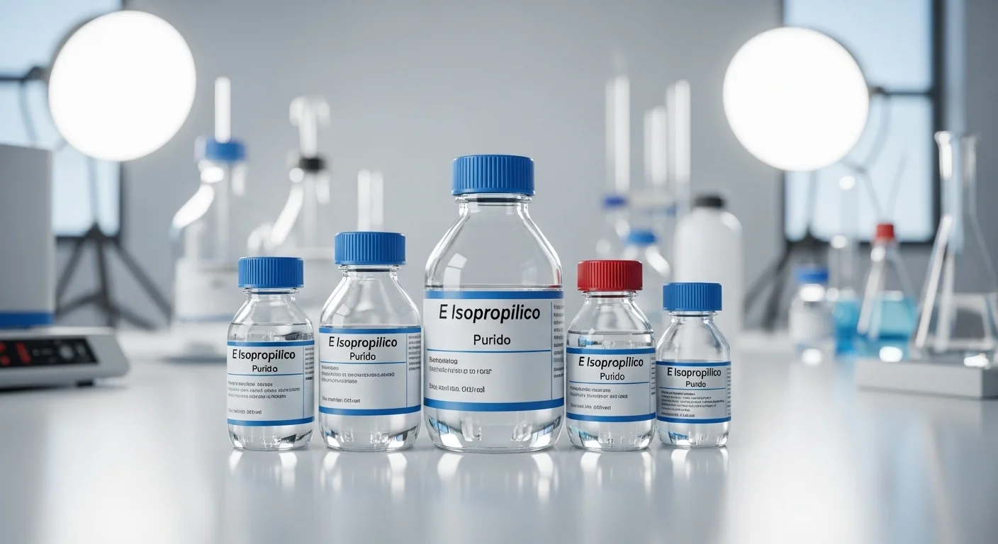 Botellas de E Isopropilico de diferentes purezas en una mesa de laboratorio, ilustrando su uso científico y la importancia de la concentración.