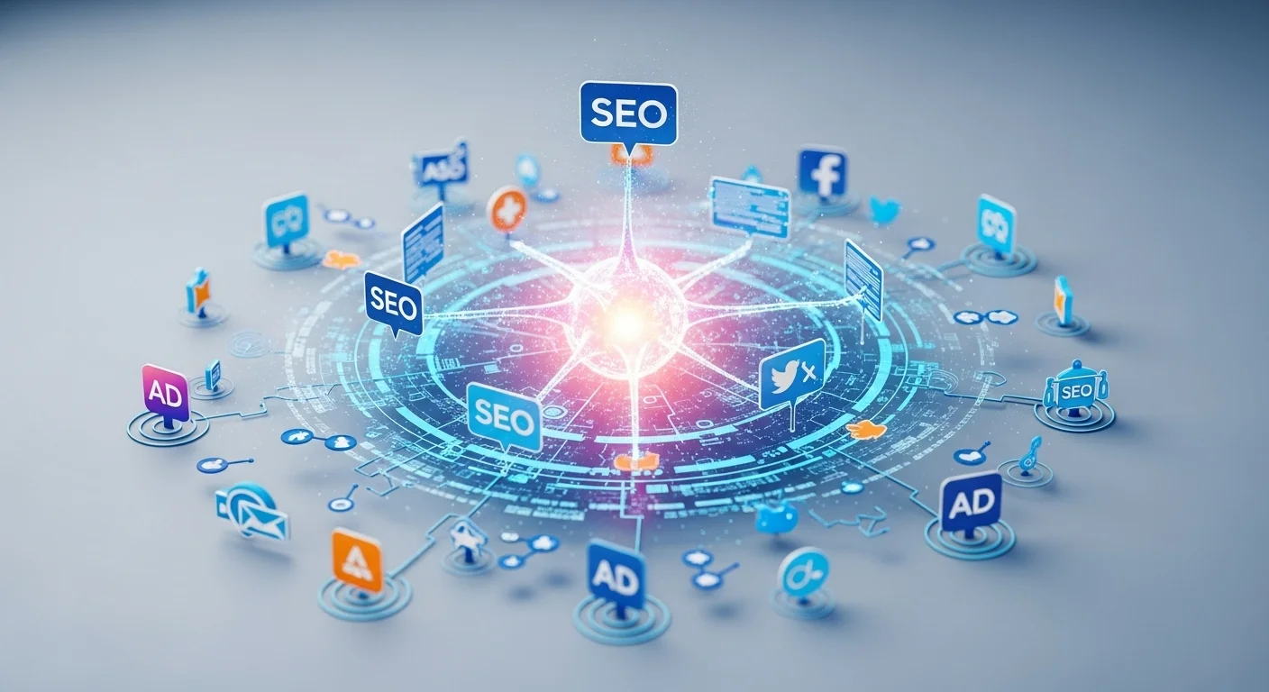 Un ecosistema digital con íconos de redes sociales, SEO, y publicidad digital interconectados en una red neuronal brillante.