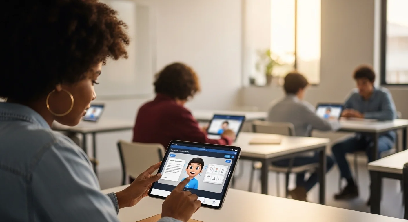 Un aula moderna donde un estudiante interact煤a con una tableta que muestra un tutor virtual, un claro ejemplo de inteligencia artificial en la educaci贸n ejemplos.