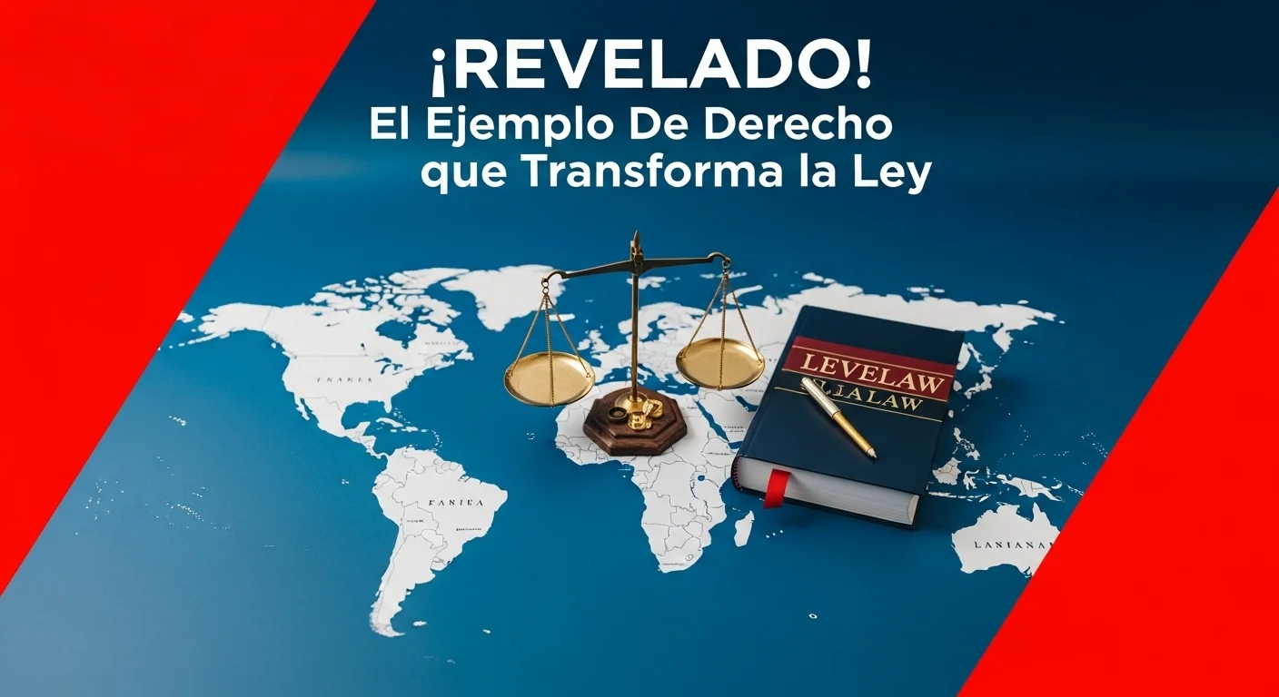 Imagen conceptual que representa un ejemplo de derecho, con una balanza de la justicia y un libro de leyes sobre un mapa del mundo.