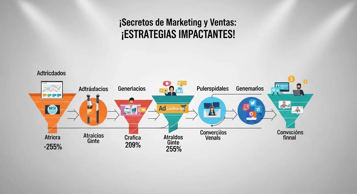Gráfico detallado de un embudo de conversión digital, mostrando las etapas desde la atracción de tráfico hasta la conversión final en ventas.