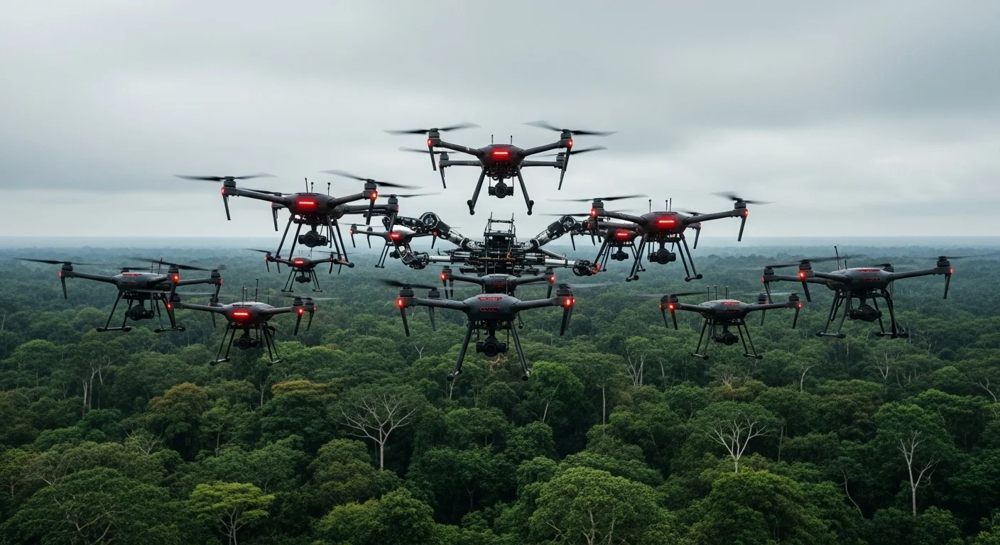 Un enjambre de drones aut贸nomos volando en formaci贸n sobre un paisaje, ilustrando el futuro de la inteligencia artificial aplicada a rob贸tica y automatizaci贸n.