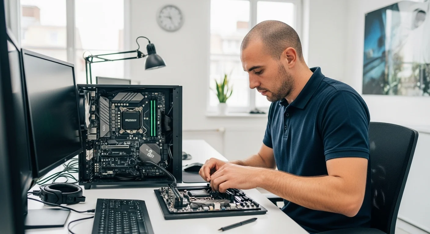 Técnico experto ensamblando los componentes de una computadora de alto rendimiento, como parte del plan de operaciones de un negocio tecnológico.