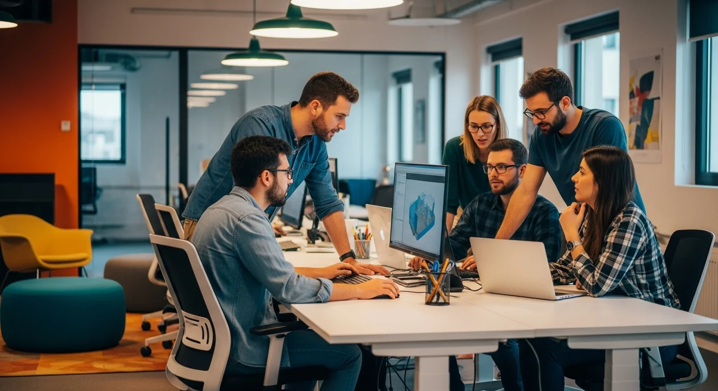 Equipo multidisciplinario de ingenieros en desarrollo de software y diseñadores industriales colaborando en un proyecto en una oficina moderna.