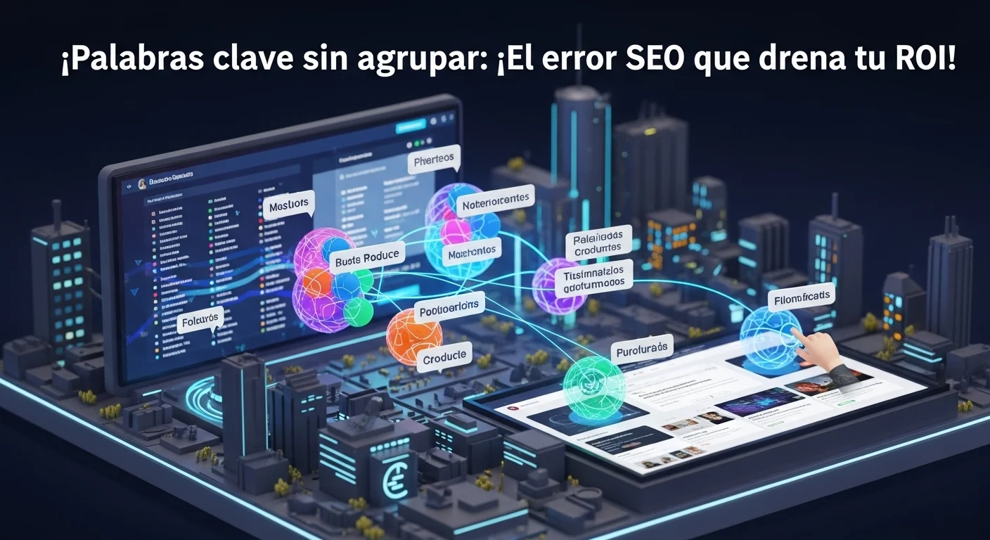 Un gráfico organizado que muestra palabras clave agrupadas en clusters temáticos, cada uno dirigido a una landing page específica.