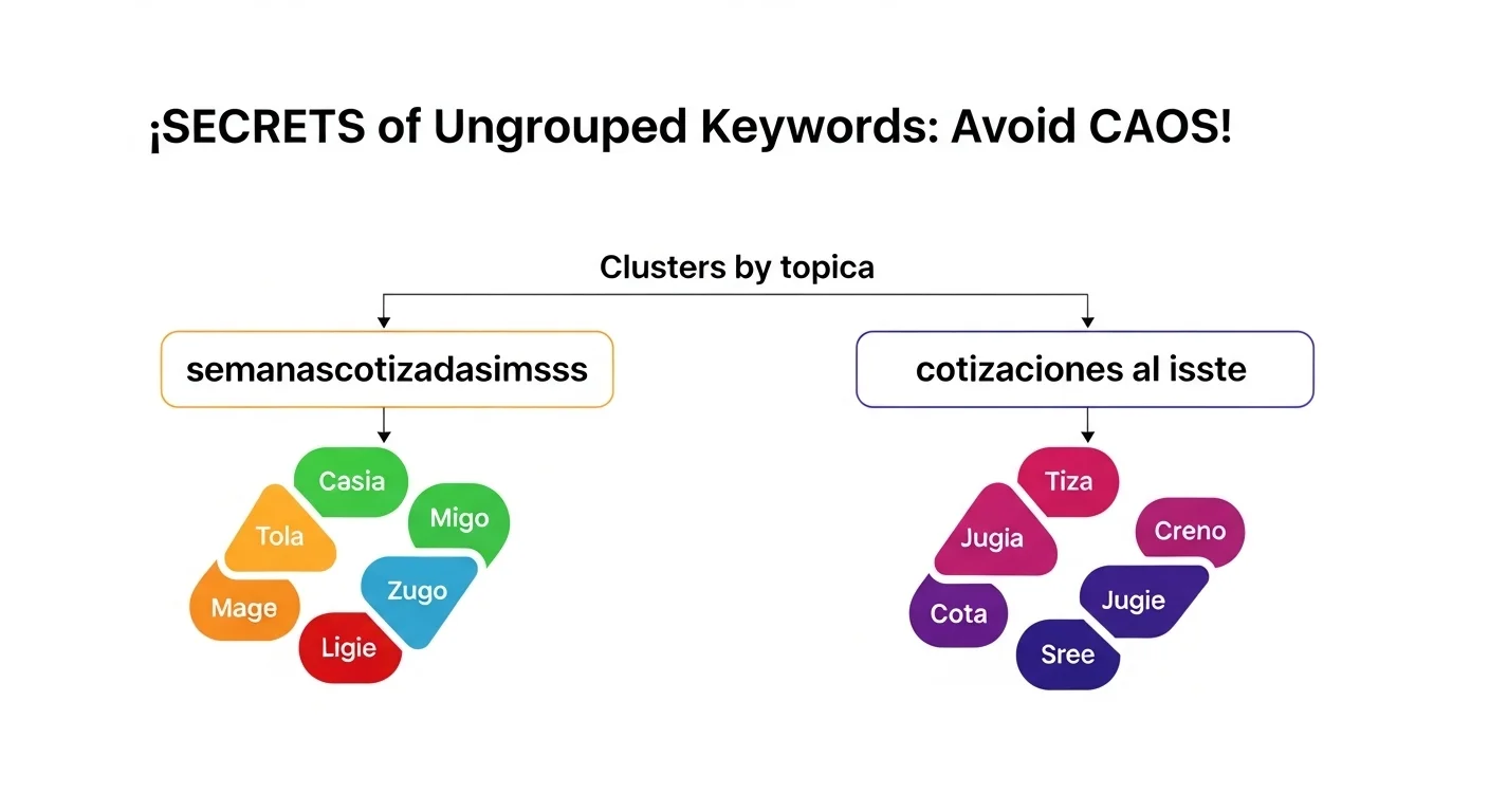 Un diagrama de flujo claro que muestra cómo las palabras clave se organizan en clusters temáticos. Un cluster para 'semanascotizadasimss' y otro para 'cotizaciones al issste'.