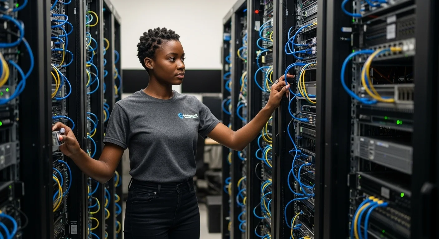 Un estudiante de ingeniería en sistemas computacionales trabajando en un cluster de servidores, representando el lado práctico de la gestión de infraestructuras de TI.