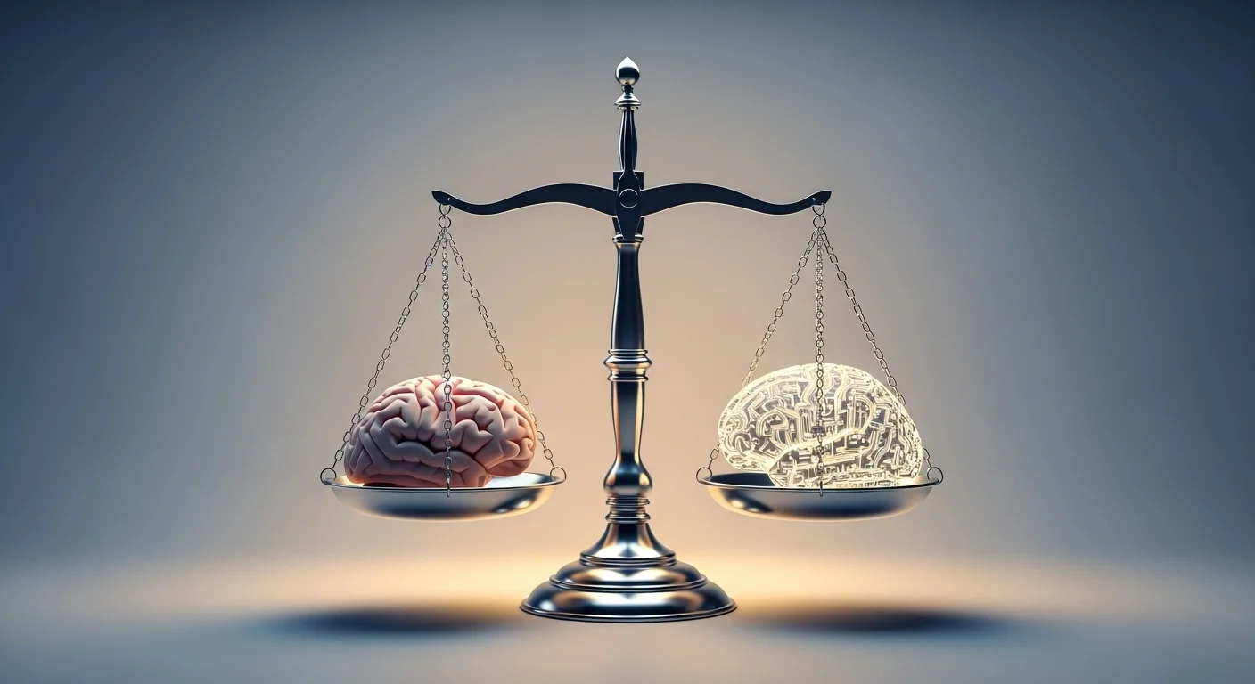 Una balanza de la justicia equilibrando un cerebro humano y un cerebro de circuito electrónico, representando la ética en la inteligencia artificial.