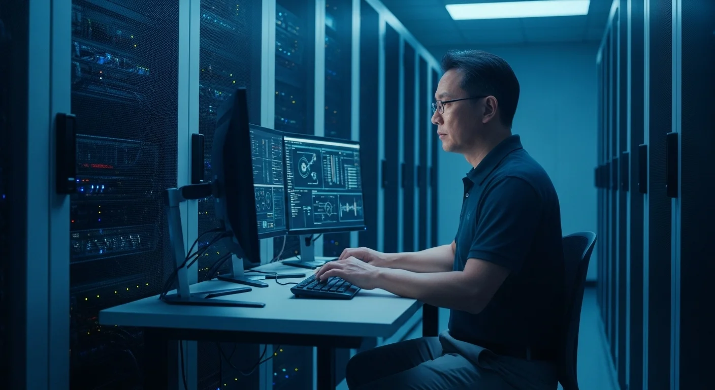 Un especialista en ciberseguridad implementando el reglamento protección de datos en una sala de servidores para proteger información crítica.