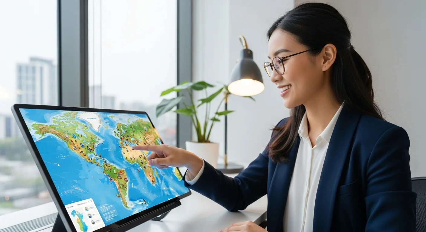 Una persona interactuando con un mapa de los paises en una tableta digital, simbolizando la cartografía moderna y la tecnología.