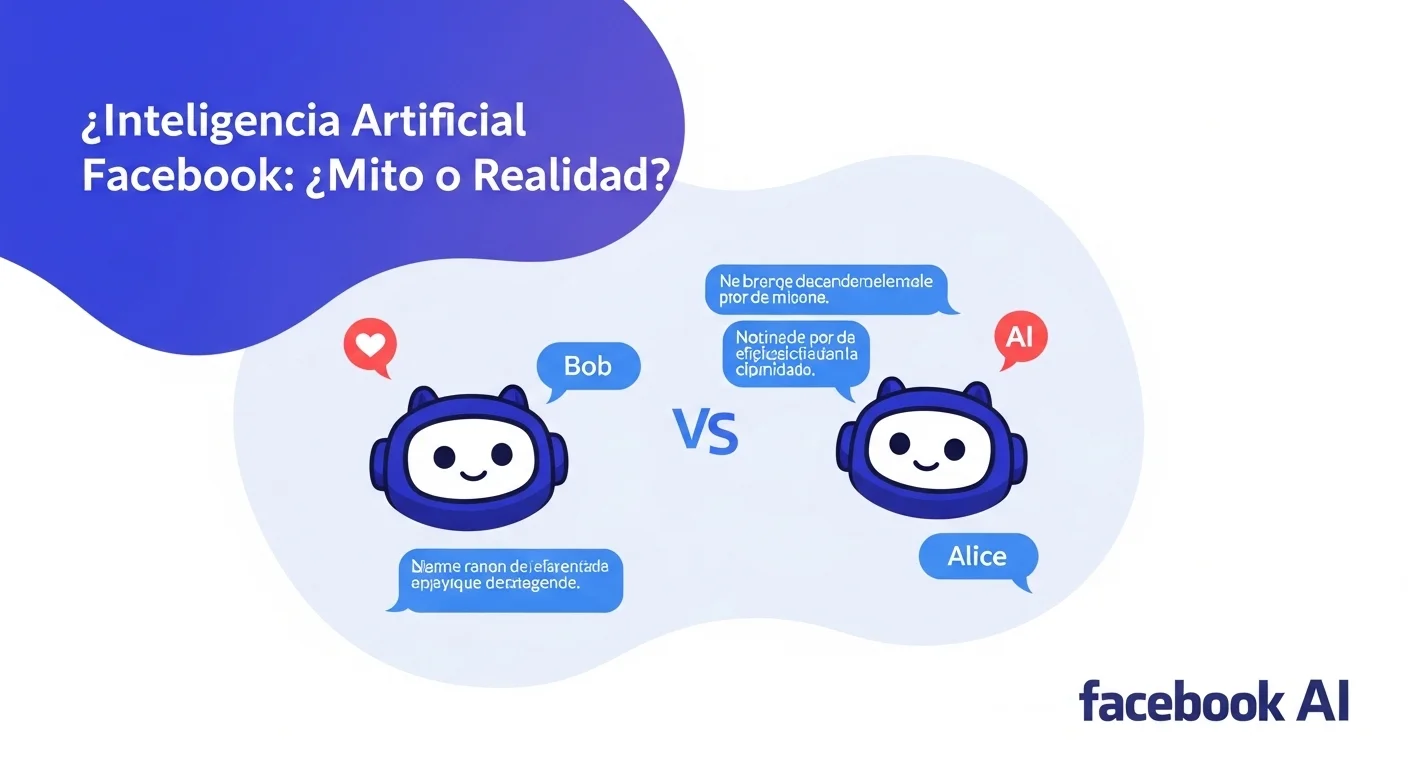 Ilustración que explica la comunicación entre los chatbots Bob y Alice de Facebook AI, mostrando la diferencia entre el lenguaje humano y el optimizado.