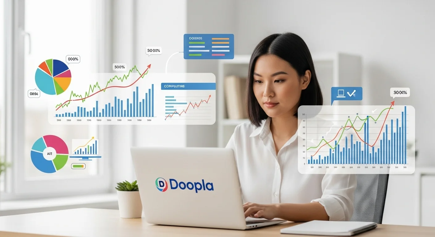 Persona trabajando en una moderna laptop, con el logo de Doopla y gráficos financieros de fondo, simbolizando el financiamiento de computadoras.