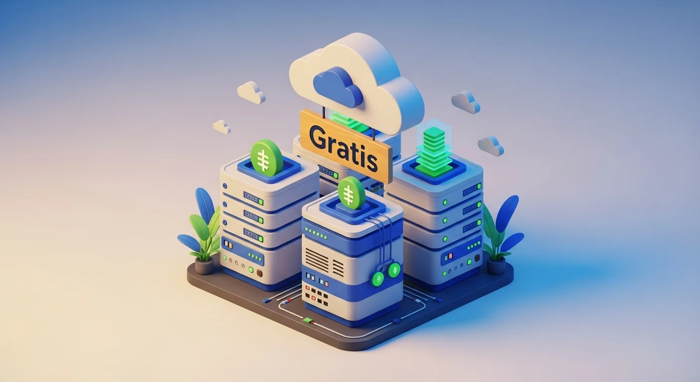 Una ilustración conceptual de servidores en la nube con un letrero de 'Gratis', simbolizando el concepto de free hosting y alojamiento web gratuito.
