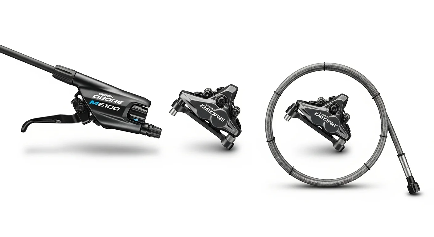Set completo de frenos Shimano Deore M6100, incluyendo maneta, pinza y latiguillo, sobre un fondo blanco.