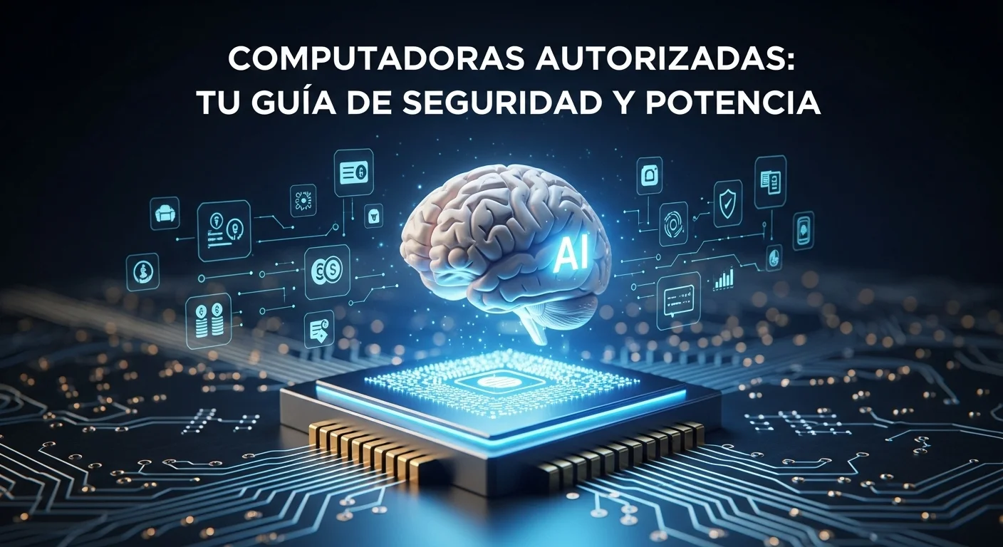 Imagen conceptual de un cerebro de IA sobre un procesador de computadora, con iconografía de fintech, representando el futuro de las computadoras autorizadas.
