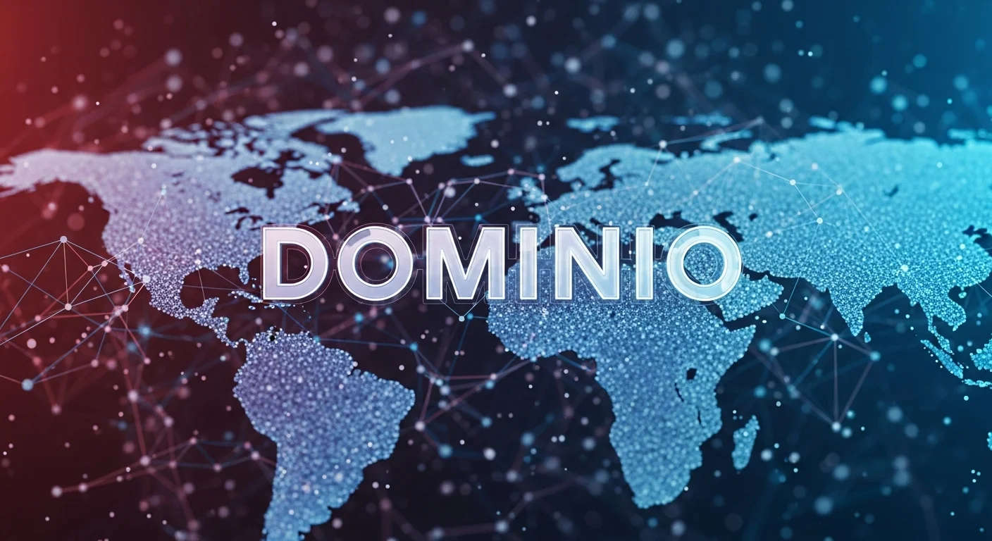 Una imagen conceptual que muestra la palabra 'Dominio' sobre un fondo futurista de redes blockchain y conexiones globales.