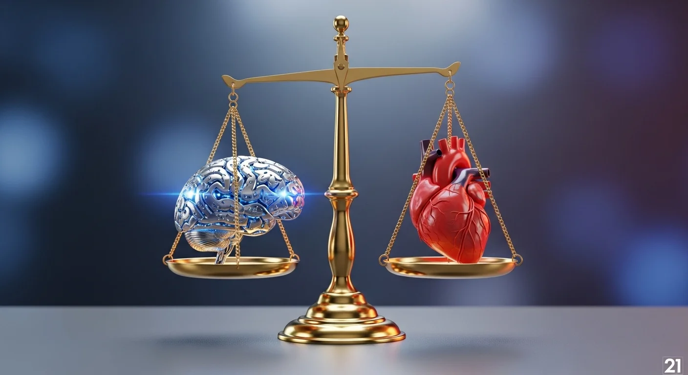 Balanza de la justicia sopesando un cerebro robótico y un corazón humano, representando los desafíos éticos de la inteligencia artificial GPT. [21]