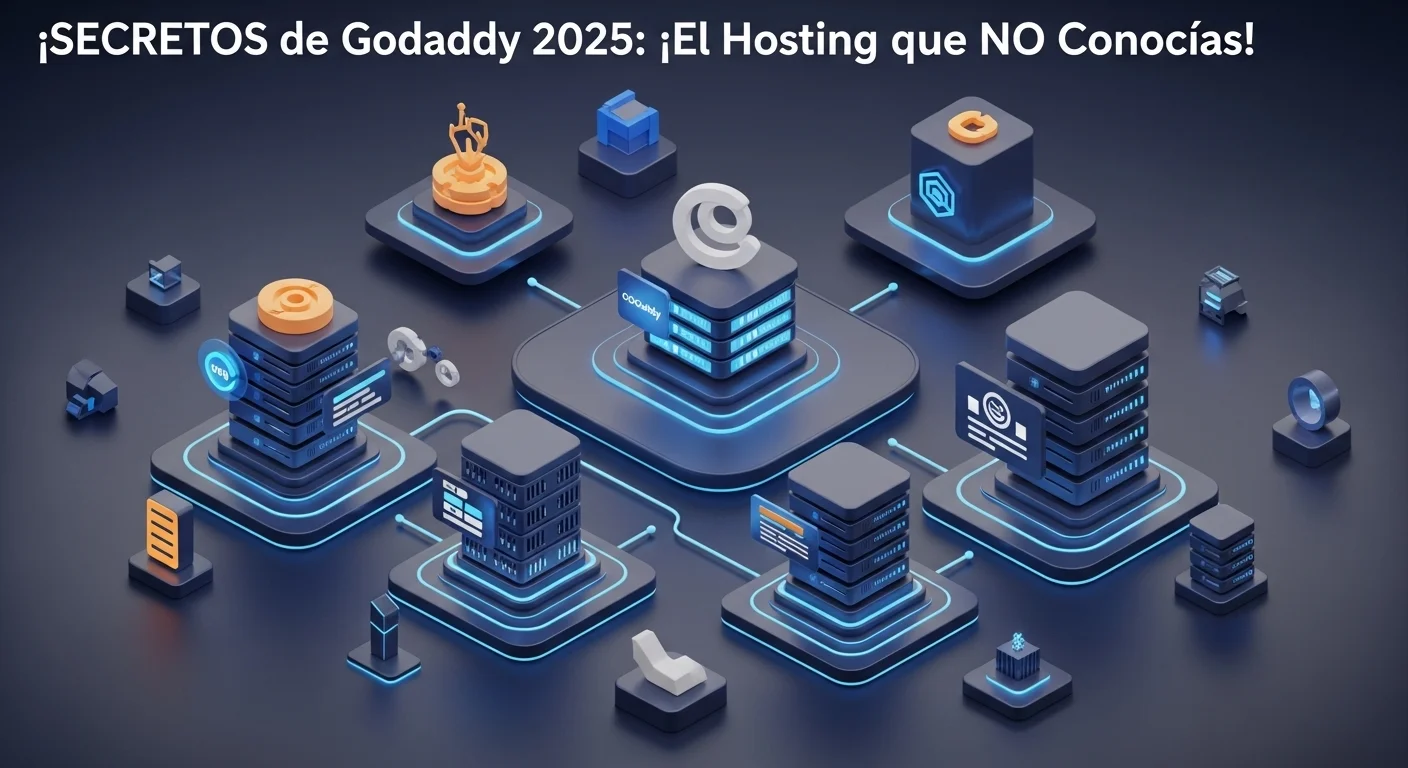 Una ilustración conceptual que muestra los diferentes servicios de Godaddy, como hosting, dominios y servidores dedicados, interconectados en un ecosistema digital.