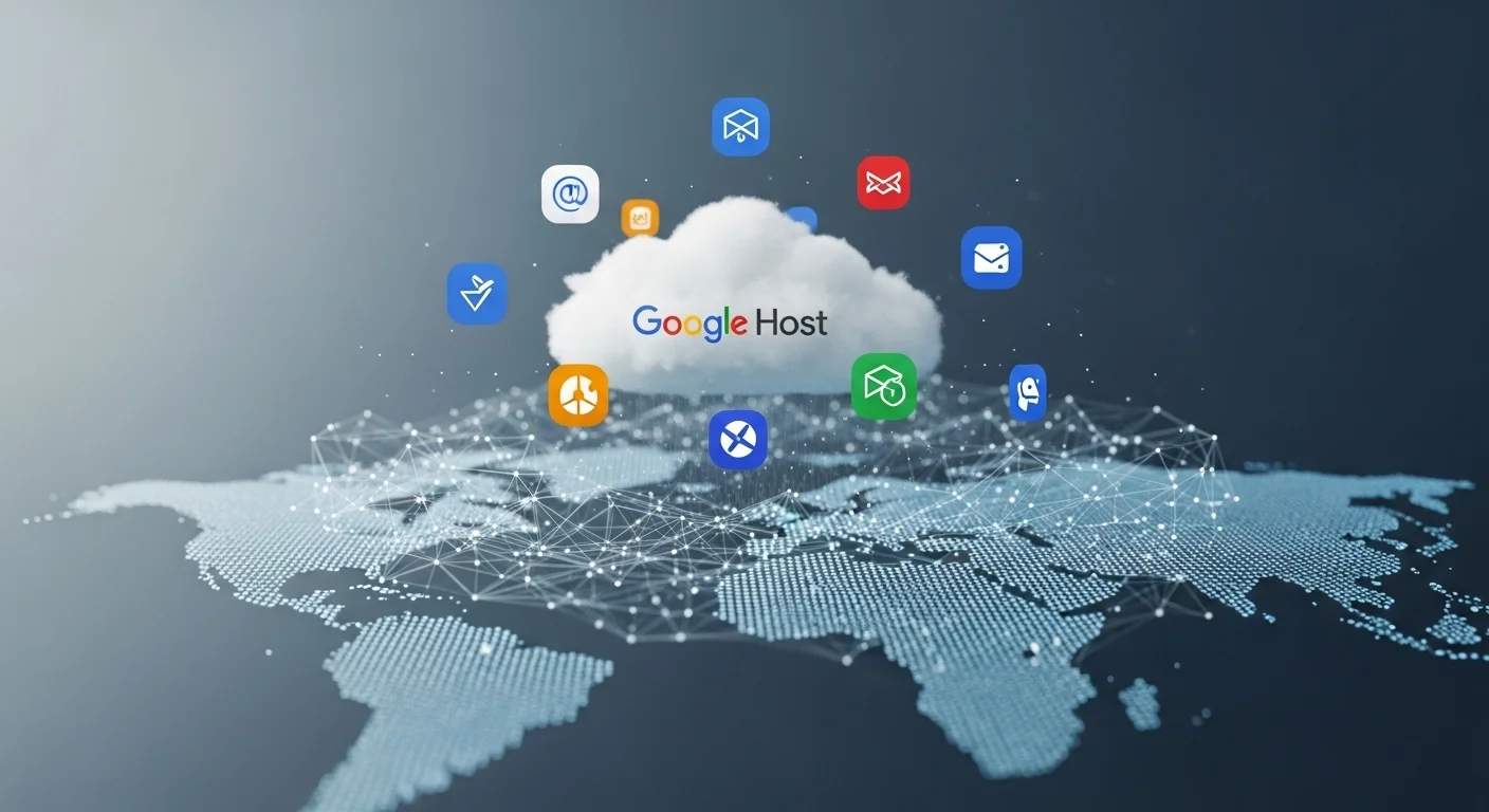 Una ilustración conceptual de la nube de Google Host, con iconos de servicios flotando sobre una estructura de red global.