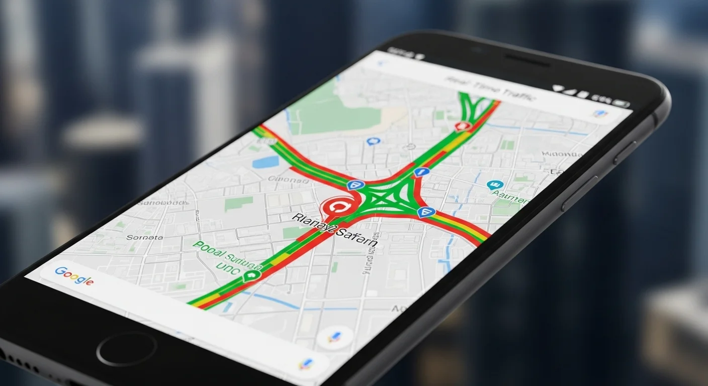 Primer plano de un smartphone mostrando la función de google maps tiempo real con las calles coloreadas según la congestión del tráfico.
