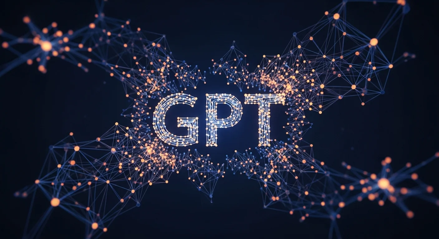 Una visualización artística de una red neuronal brillante que representa la inteligencia gpt, con nodos interconectados formando la palabra GPT en el centro, simbolizando la revolución de la ia.