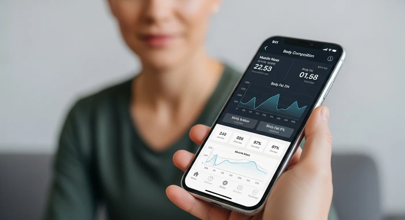 Pantalla de una aplicación de smartphone mostrando gráficos y datos detallados de una bascula de composicion corporal, incluyendo masa muscular y porcentaje de grasa.