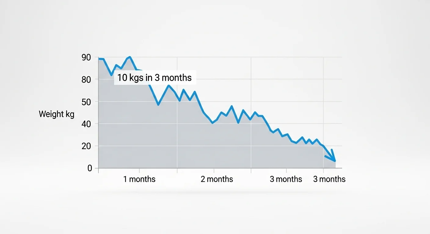 Un gráfico mostrando una curva de descenso de peso constante, ilustrando el objetivo de bajar 10 kilos en 3 meses de forma sostenible.