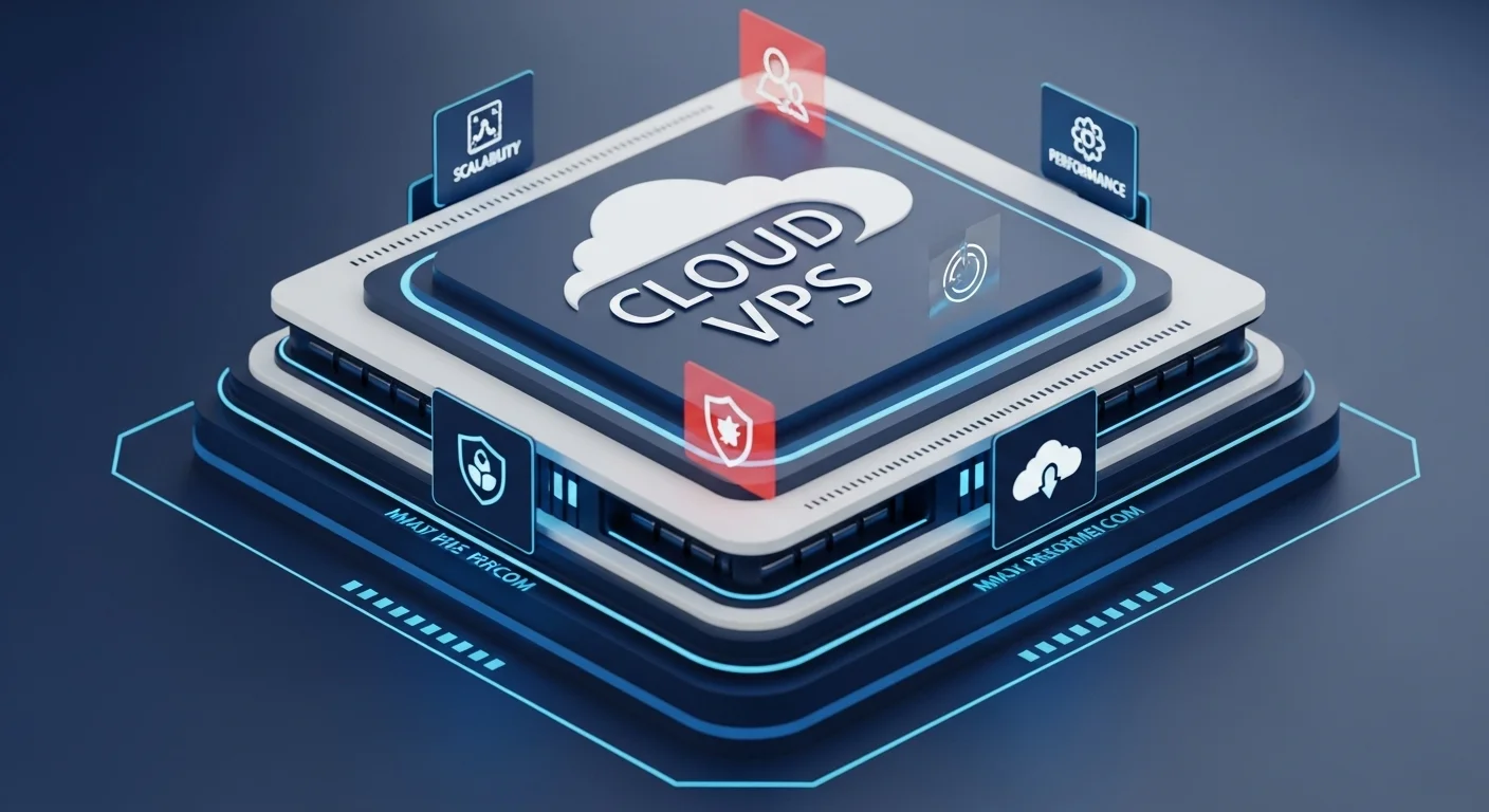 Una representación gráfica de un servidor virtual en la nube, mostrando íconos de escalabilidad, seguridad y rendimiento, con las palabras Cloud VPS destacadas.