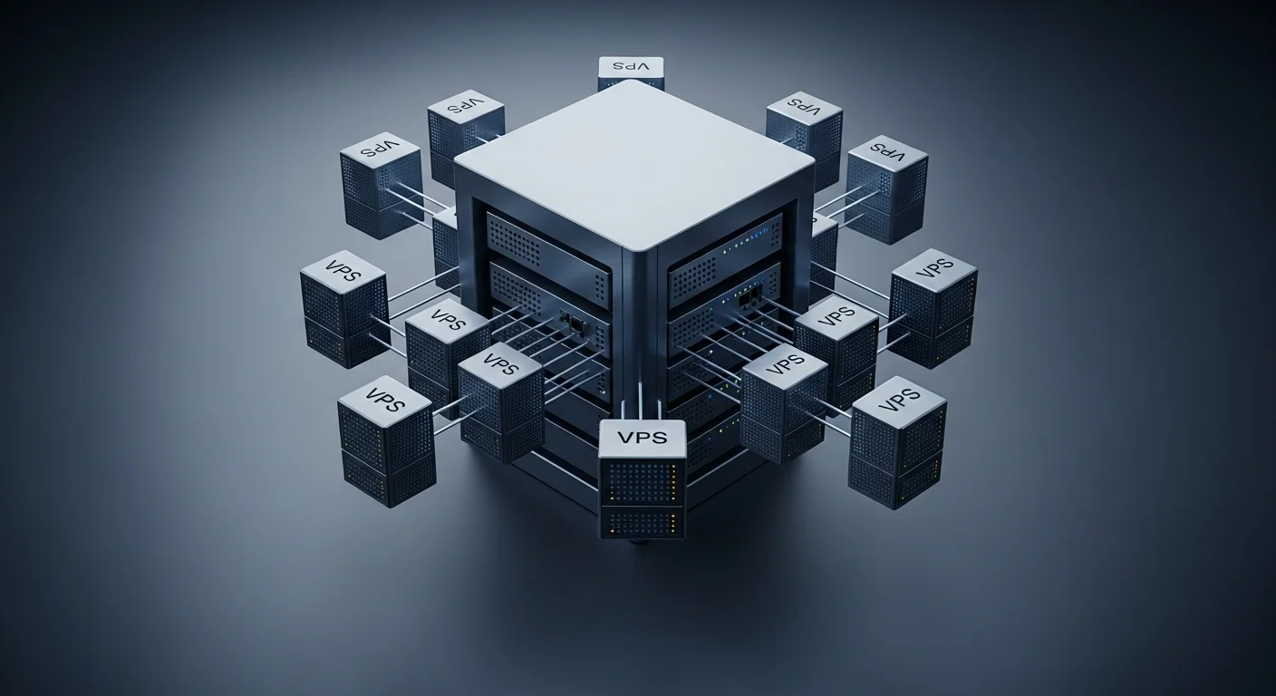 Una representación gráfica de un servidor físico dividido en múltiples servidores virtuales, ilustrando el concepto de Vps.
