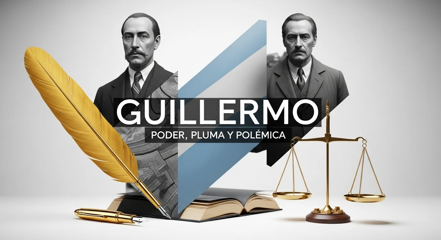 Montaje conceptual con el nombre Guillermo, una pluma de escritor y la balanza de la justicia, representando a figuras literarias y judiciales de México y Argentina.