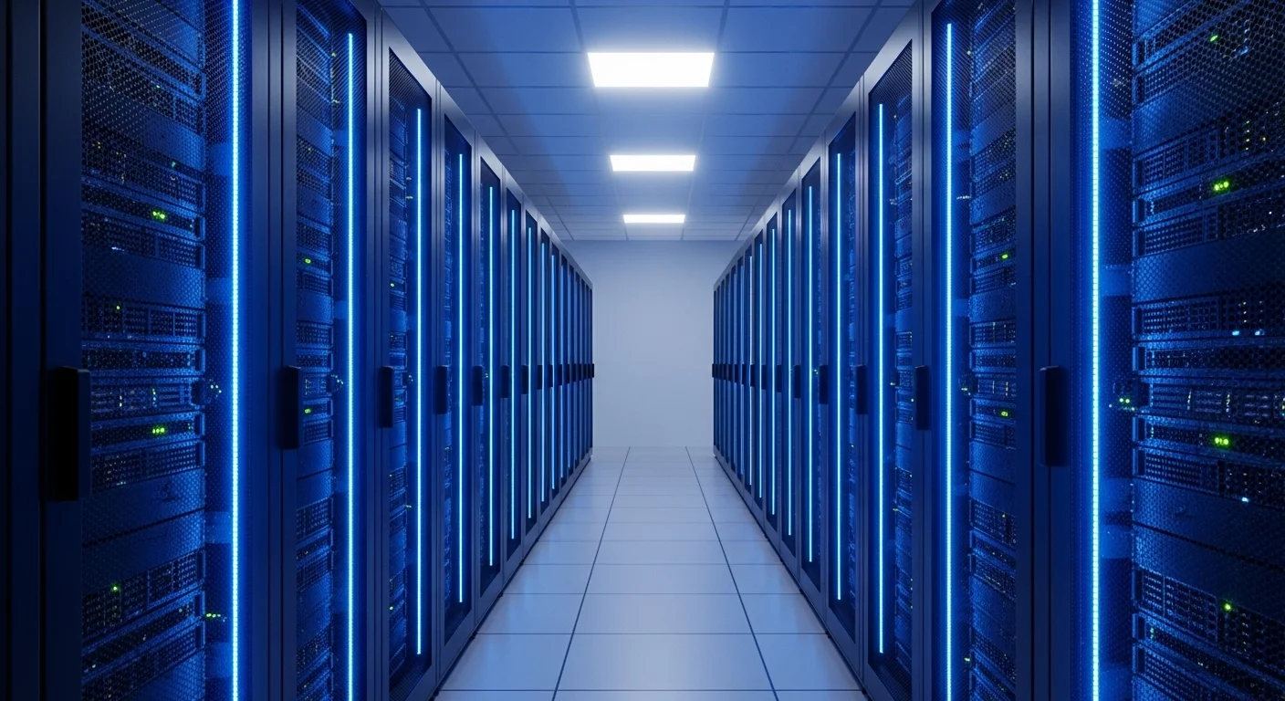 Pasillo de un centro de datos moderno con múltiples racks de servidores iluminados con luces azules, representando un host dedicated server.
