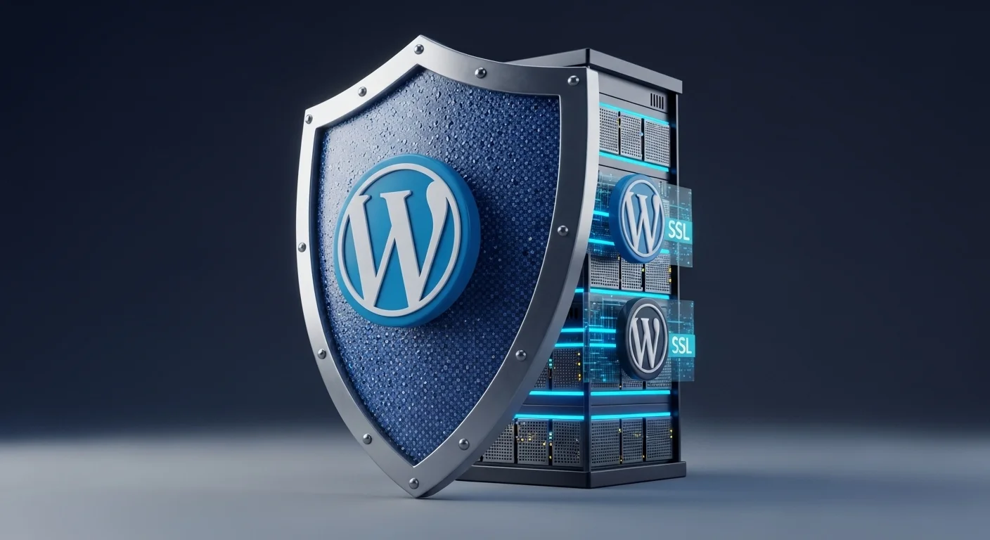 Un escudo protegiendo un servidor de datos con logos de WordPress, representando la seguridad de la combinaci贸n hosting y dominio wordpress con un certificado SSL.