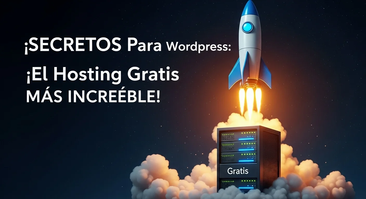 Ilustración del concepto de hosting gratis para WordPress, con un cohete despegando desde un servidor etiquetado como 'Gratis'.