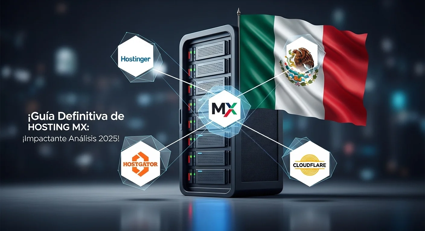 Una imagen conceptual que muestra un servidor central con las banderas de México, y los logos de Hostinger, HostGator y Cloudflare conectados, simbolizando el ecosistema de hosting en Mx.