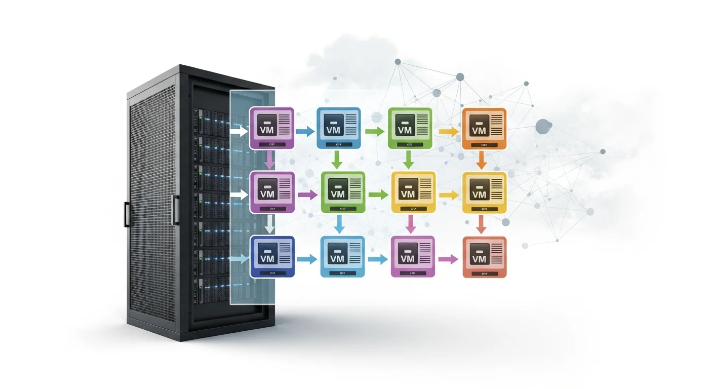Diagrama ilustrativo de la tecnología de un Hosting VPS, mostrando un servidor físico dividido en múltiples servidores virtuales aislados.