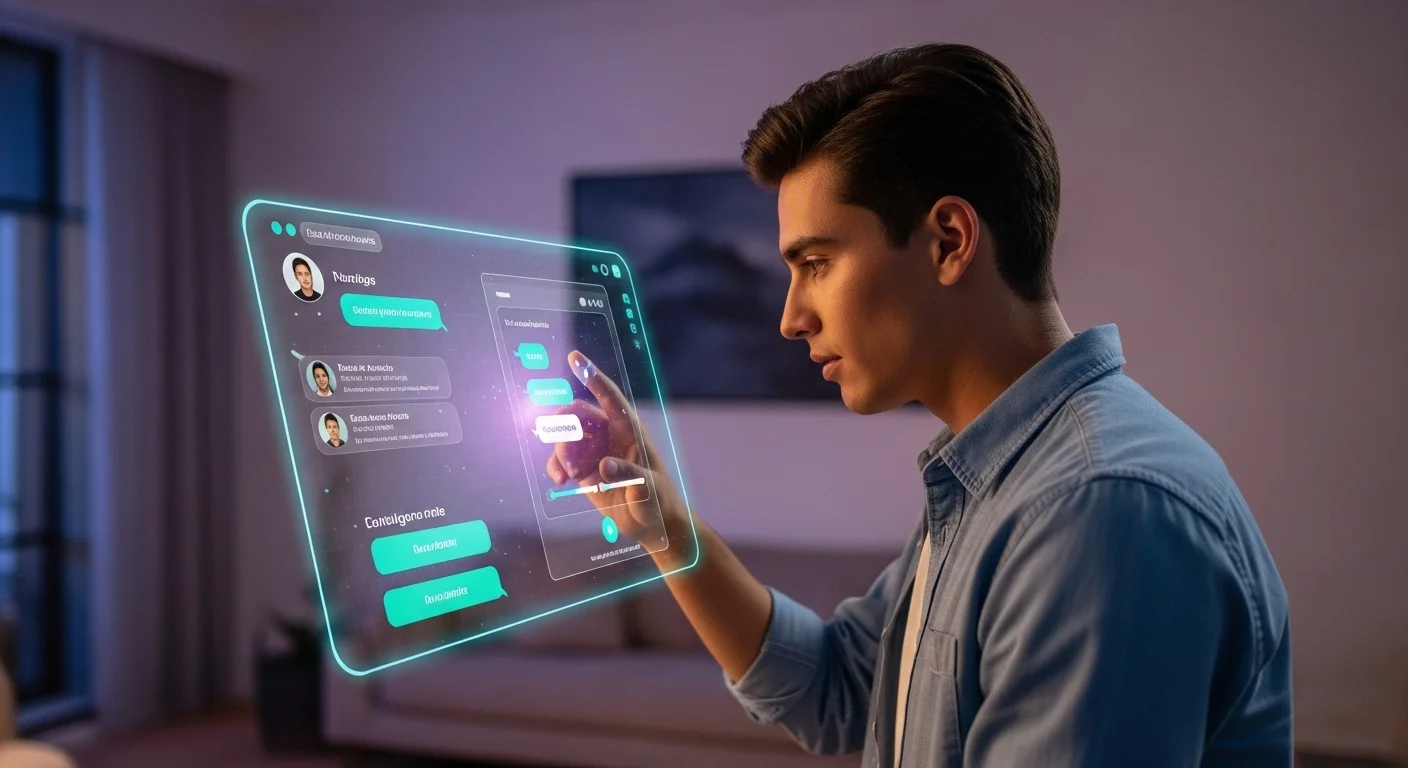 Una persona conversando con una interfaz de chat artificial en una pantalla holográfica, mostrando la colaboración humano-IA.