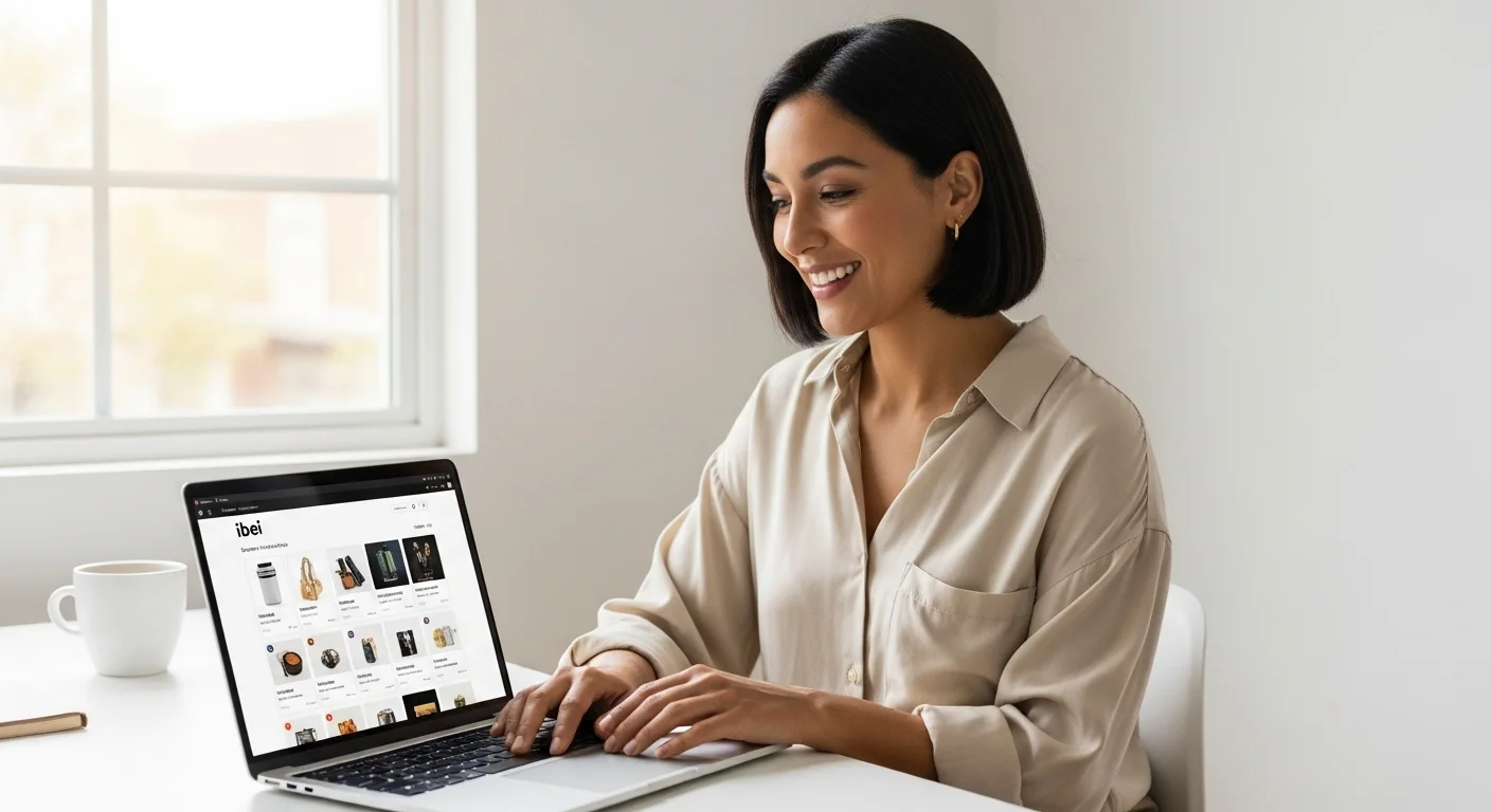 Mujer sonriente realizando ibei compras online desde su laptop, navegando por la diversa interfaz del ibei shop.