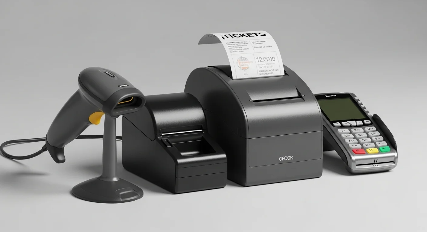 Una vista detallada del hardware asociado a un programa punto: escáner de código de barras, impresora de tickets y terminal de tarjetas.