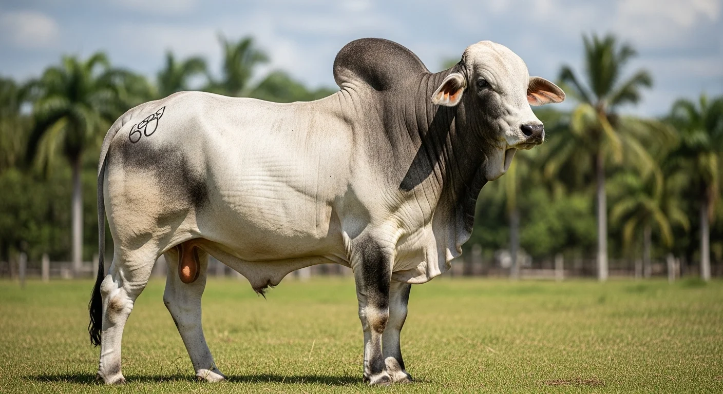 Imponente toro Cebú de raza Brahman mostrando su giba y musculatura, representativo del ganado cebu de alta genética.